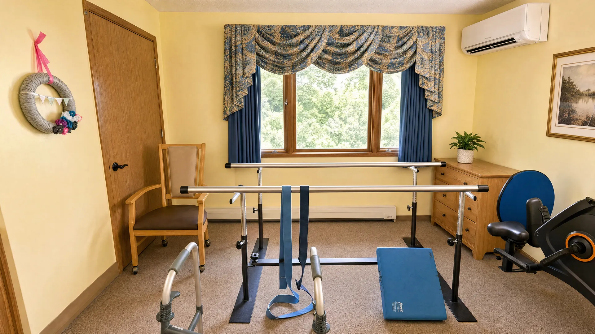 Therapy gym with parallel bars and exercise equipment at Rehabilitation Center of Independence