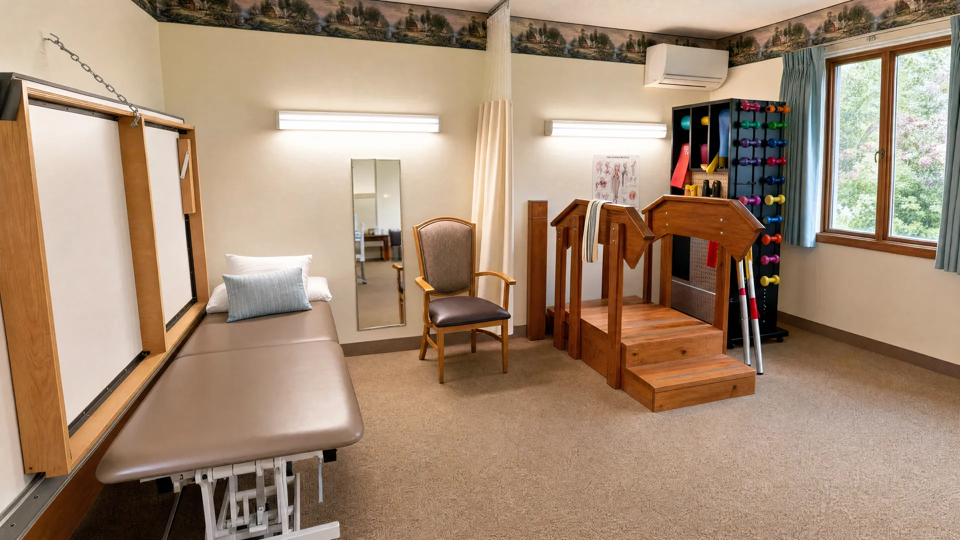 Therapy gym with a treatment table, training stairs and resistance bands at Rehabilitation Center of Independence